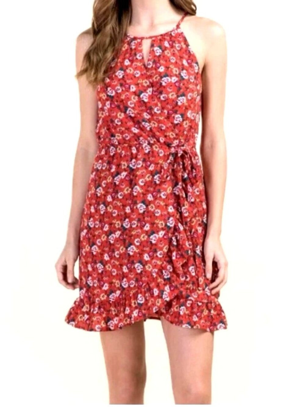 HARPER HERITAGE Faux Wrap DITSY FLORAL Red RACERBACK Mini DRESS M Boho Cowgirl